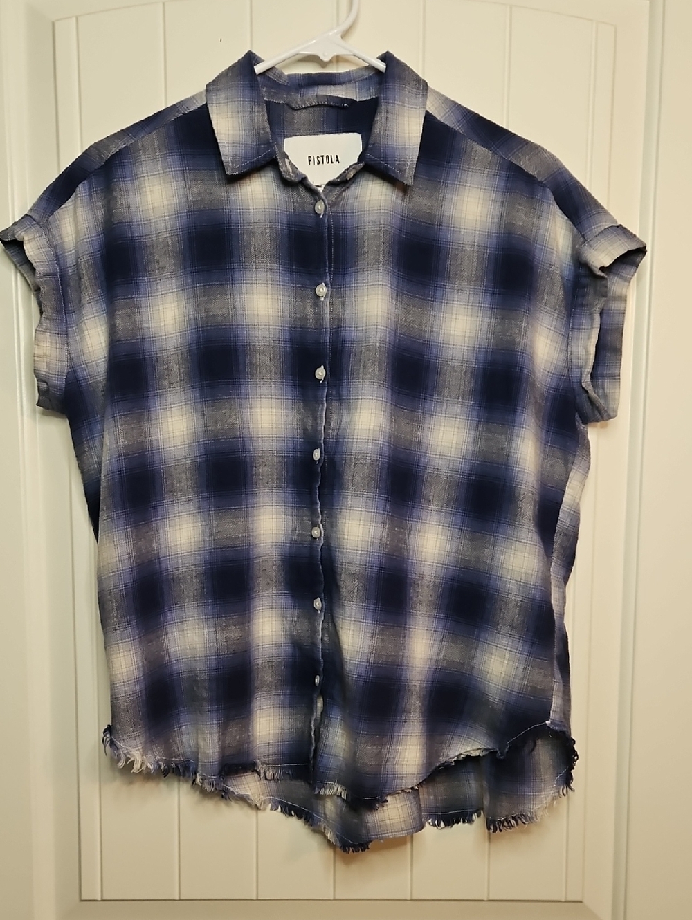 Pistola Navy and White Plaid Cotton Short-Sleeve Button Shirt